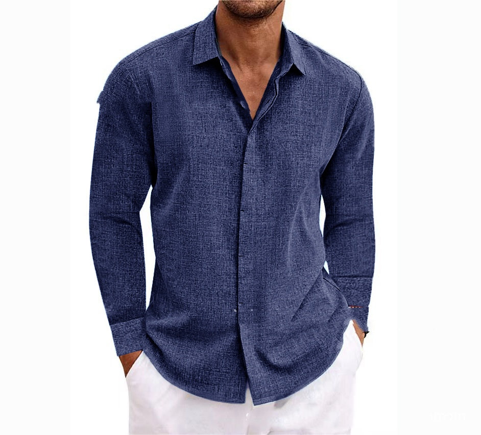 Navy men’s long-sleeve button-front cardigan shirt with open collar and patch pockets