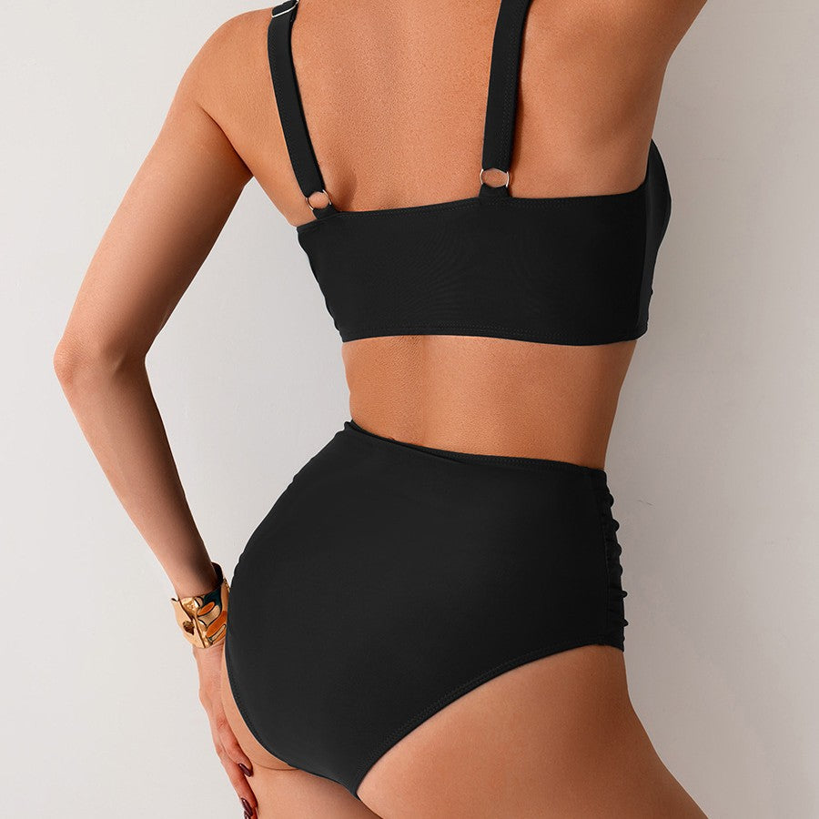 Two-piece high-waist bikini set, black back view with open-back triangle top and ruched briefs