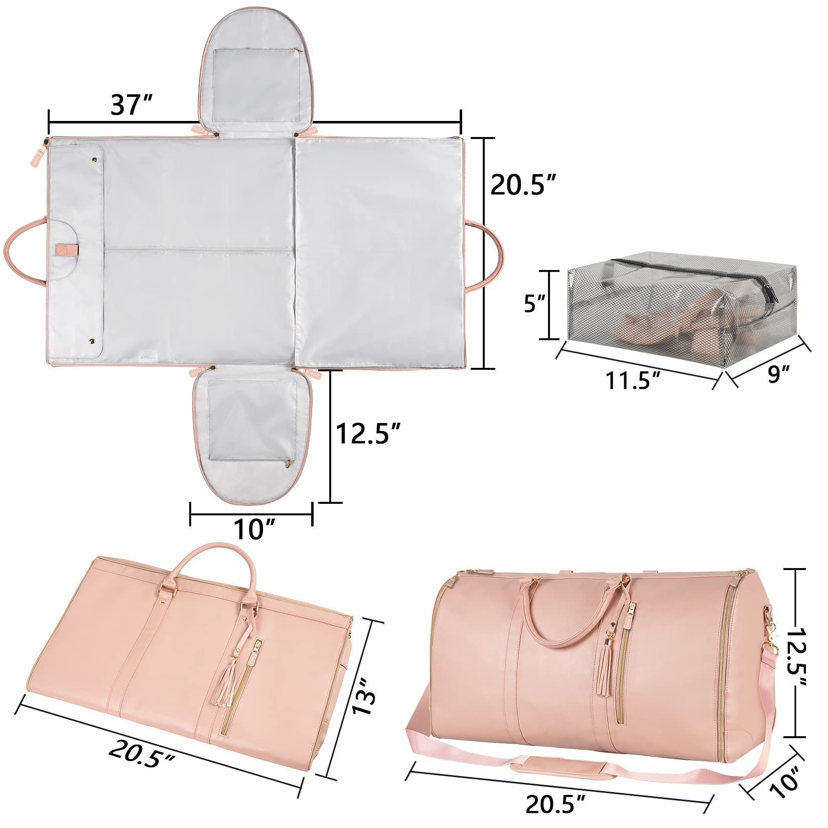 Foldable waterproof duffle bag with open inner compartments and detachable end pouch