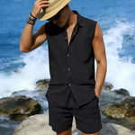 Linen sleeveless shirt & shorts set in black, button front, chest pocket