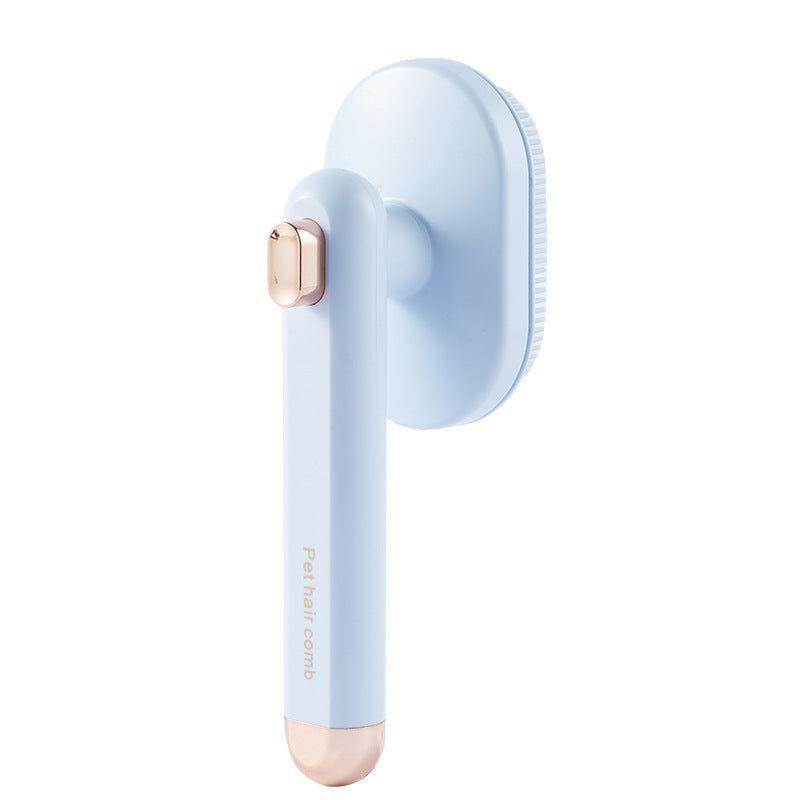 Light blue pet hair grooming comb with rotating head and rose-gold button