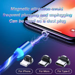 Magnetic LED charging cable set with USB adapters for iPhone, Micro, and Type-C
