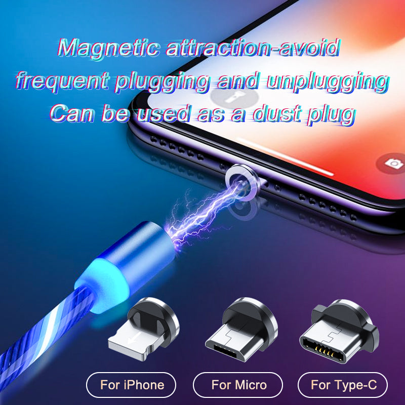 Magnetic LED charging cable set with USB adapters for iPhone, Micro, and Type-C