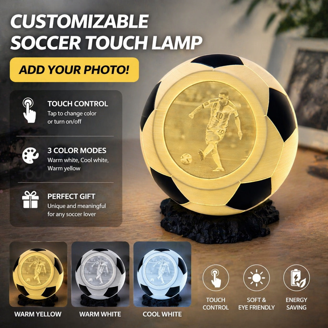 Lámpara de noche táctil de fútbol, con 3 modos de color, regalo para amantes del fútbol, lámpara de mesa LED con imagen personalizada