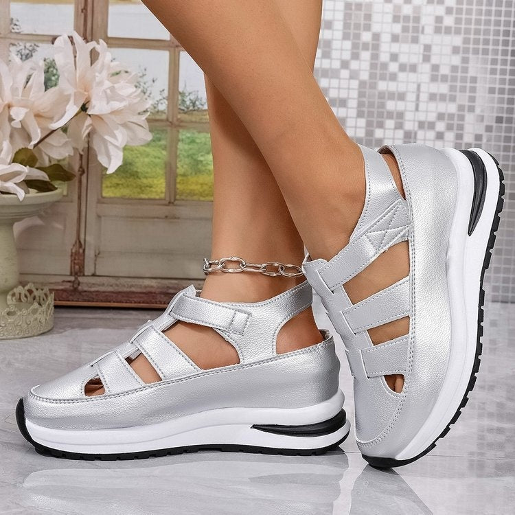 White platform wedge sandals with hook-and-loop straps and cutout toe