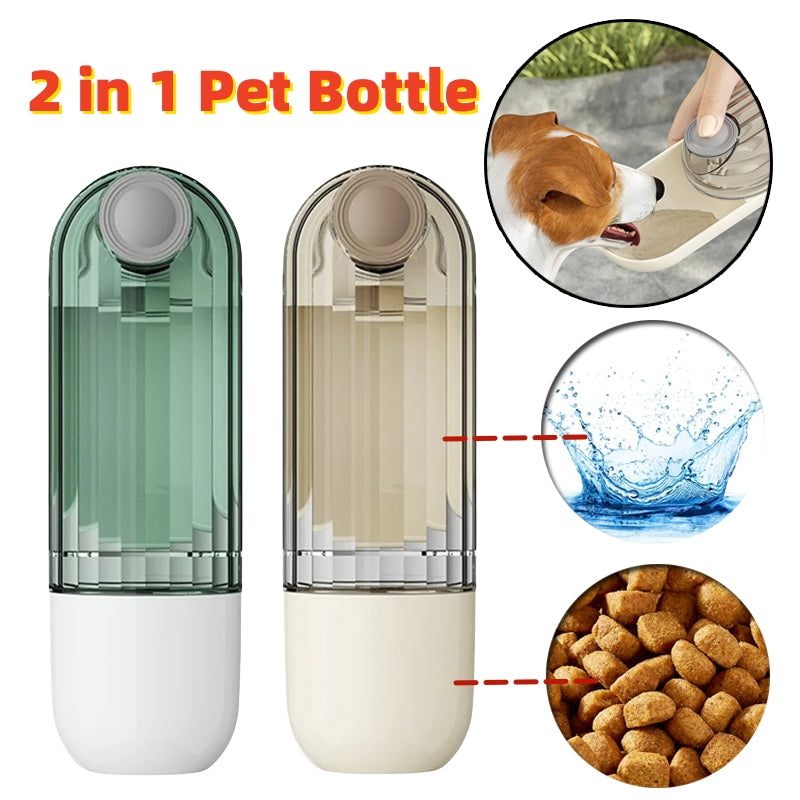 2-in-1 pet water & food bottle set with cups, green and beige