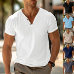 Men's loose short-sleeve henley beach t-shirt, white, V-neck with button placket