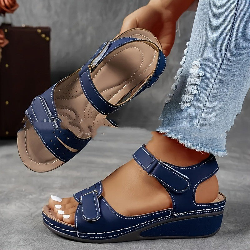 Thick-sole velcro strap sandals, dark blue with open toe and hook-and-loop straps
