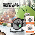 Black VEVOR cordless floor fan on tabletop with camping scene behind it