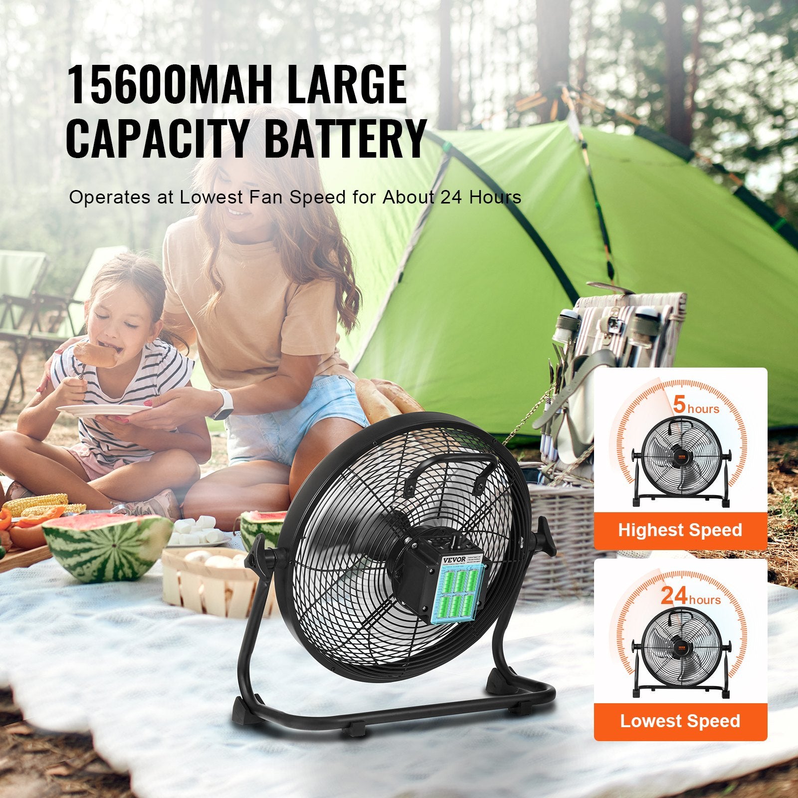 Black VEVOR cordless floor fan on tabletop with camping scene behind it
