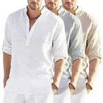 Men's cotton-linen long-sleeve shirt, white stand collar with short placket