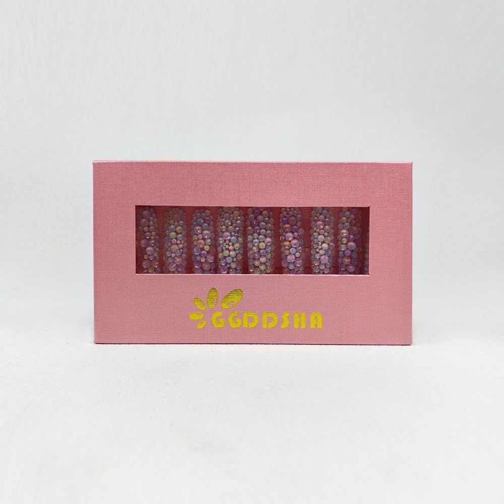 Press-on nail set box for pastel galaxy nails, shown with multicolor rhinestone designs