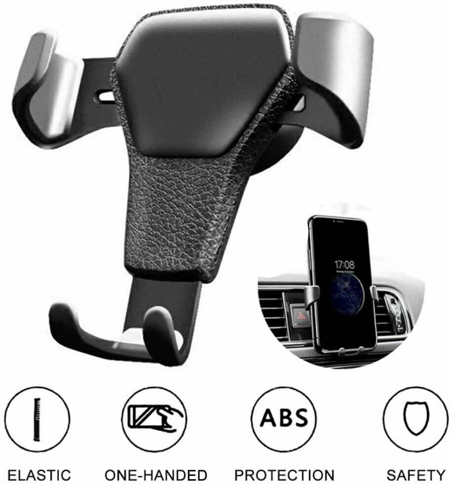 Car air vent phone holder with black textured cradle, two vent clamps, and hooks