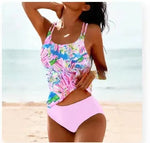 High-waist bikini set with pink floral cami top and solid pink briefs