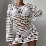 Hollow-knit beach dress, white, long sleeves, round neck with open crochet pattern