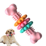Dog bone chew toy with raised nubs in pink, orange, teal, and green on a pet