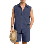 Linen sleeveless shirt & shorts set in navy, button front, chest pocket