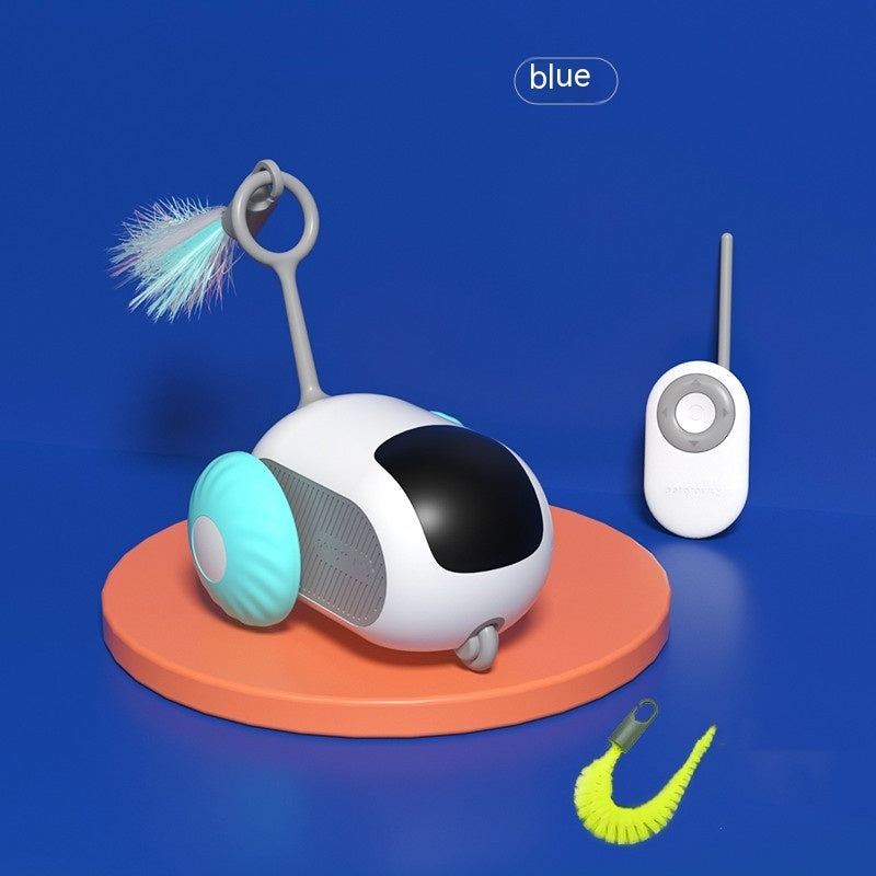 Blue side-wheel remote control cat chase car toy with feather brush