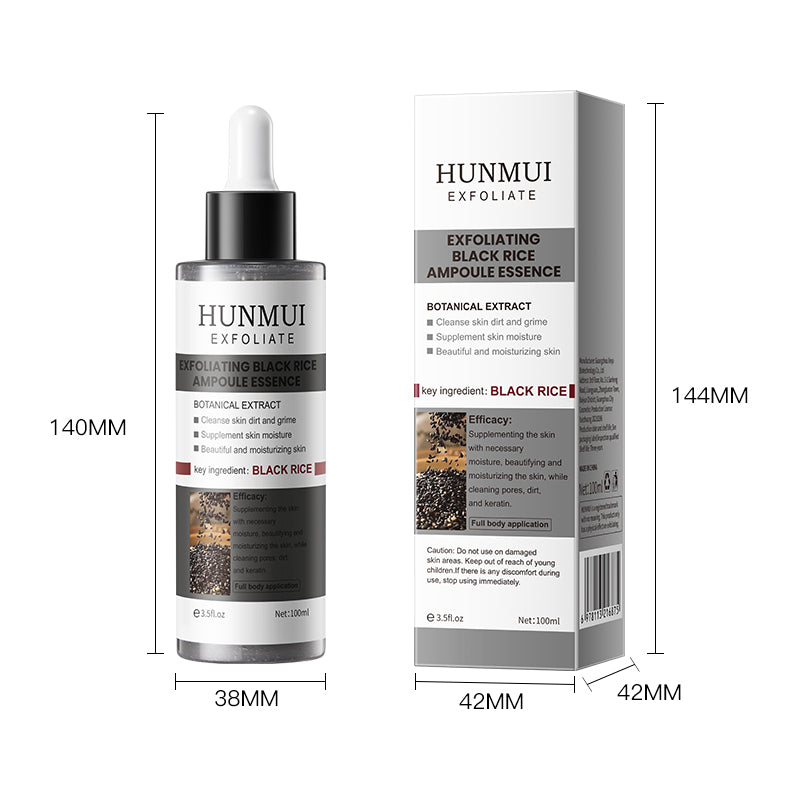 HUNMUI exfoliating black rice ampoule bottle and box with size dimensions