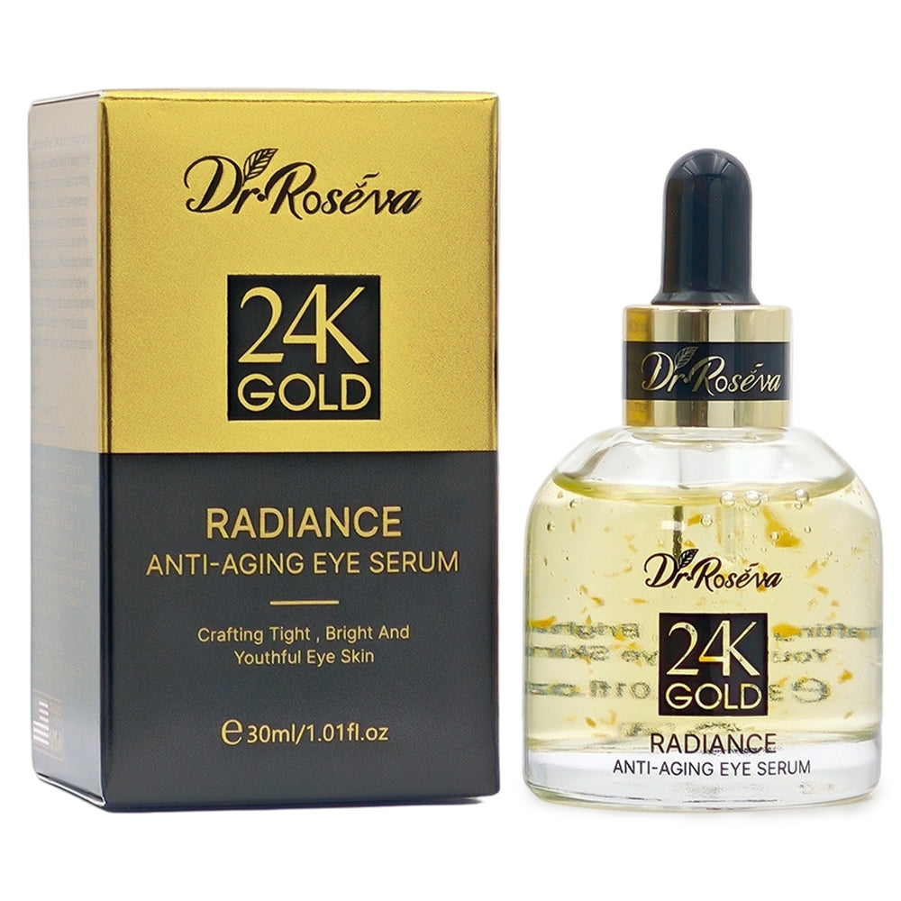 DrRoseva 24K Gold radiance anti-aging eye serum set, box and dropper bottle
