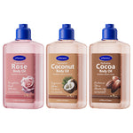 Cocoa body oil bottle with blue cap, brown label, 260 ml