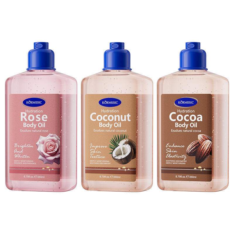Cocoa body oil bottle with blue cap, brown label, 260 ml