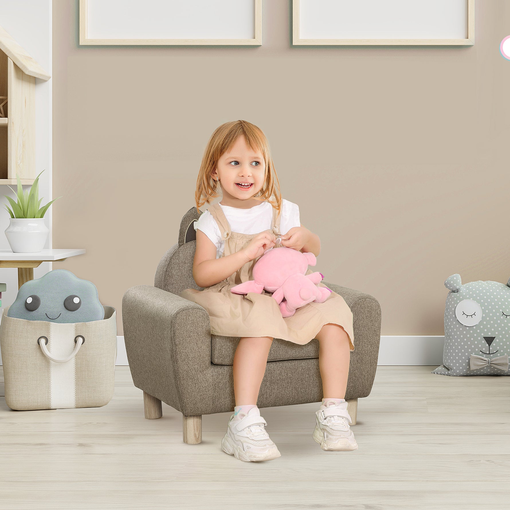Kids Sofa Toddler Chair Children Armchair For Preschool Bedroom Playroom With Ear Modeling Wood Brown