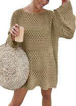 Women’s crochet hollow beach cover-up sweater, beige with loose bell sleeves