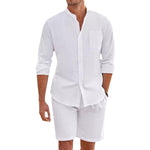Long-sleeve button shirt and shorts set, white with chest pocket and button front