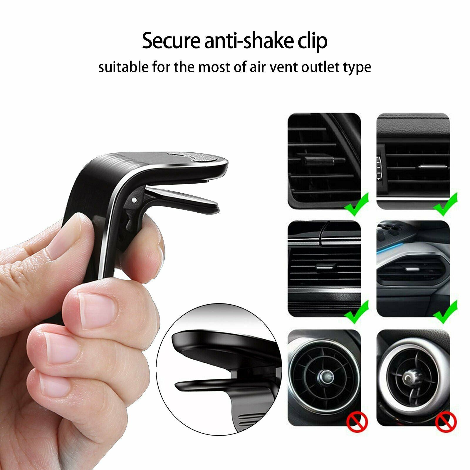 Car air vent phone holder with anti-shake clip, black and silver mounting bracket