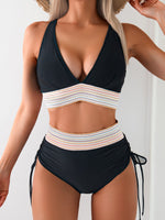 Women’s deep V-neck backless bikini set in dark fabric with multicolor striped waist band