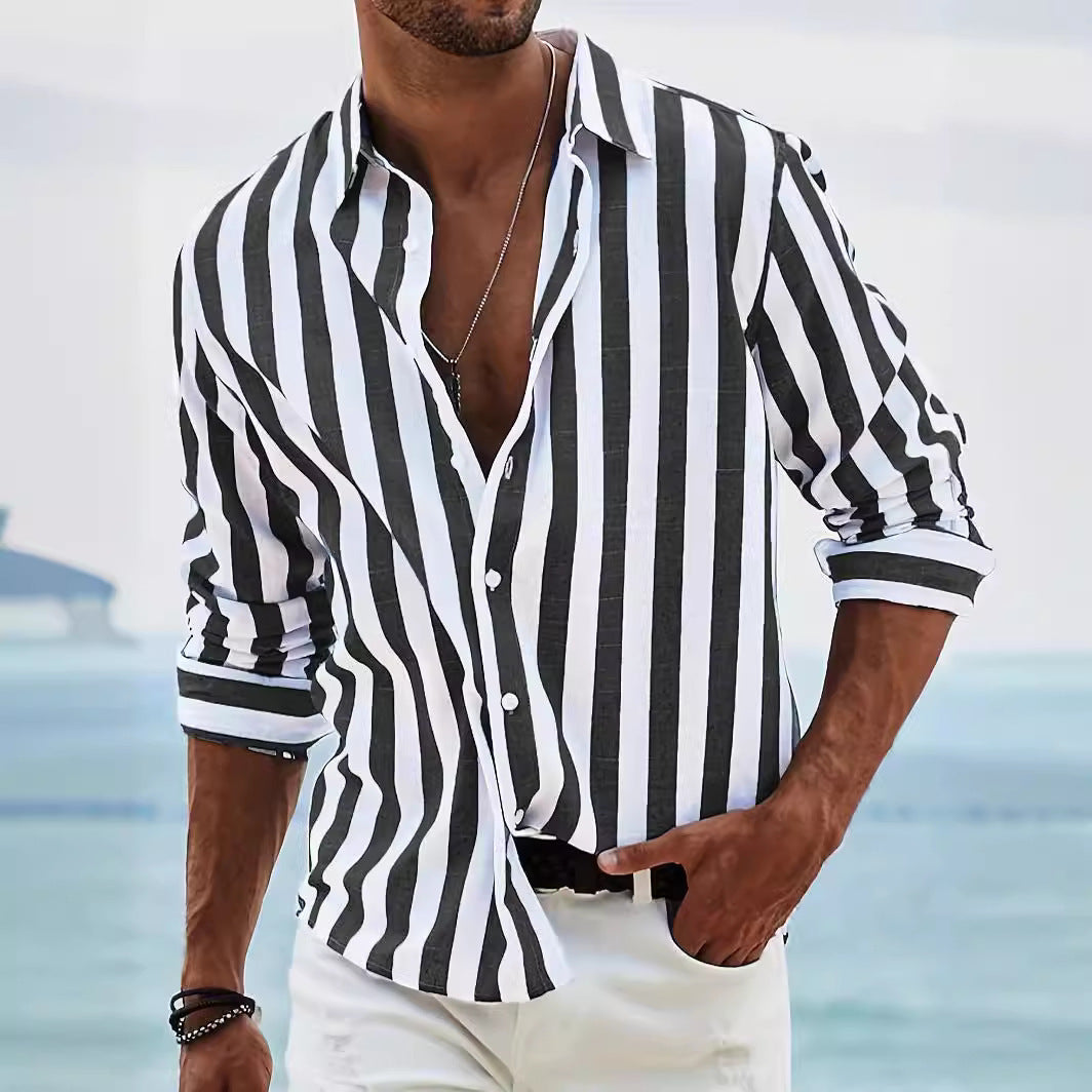 Men's striped casual shirt, black and white, button-front V-neck long sleeves