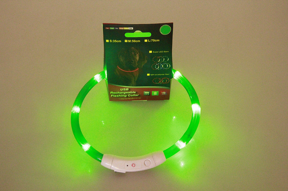 USB rechargeable flashing LED pet collar on display with green light ring