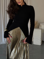 Elegant Essentials Black Bell Sleeve Set: Irregular Hem Top & Pleated Skirt for Effortless Style