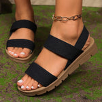 Women’s Roman elastic-waistband slippers in black, two elastic straps, round open toe
