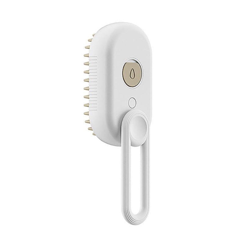 Electric steam pet brush with white body, beige power button, and comb bristles