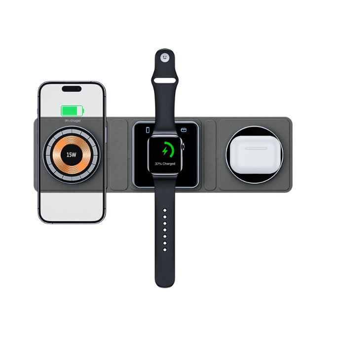 3-in-1 magnetic wireless charger station, black watch strap and charging pads