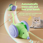 Green automatic cat teasing mouse toy with purple side wheels and curved antenna tail