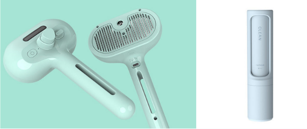 Self-cleaning pet hair remover brush with mist, mint comb head and USB handle