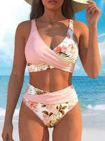 Pink floral wrap bikini set with draped top and high-waist bottoms