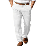 Men's linen straight trousers, white with button fly and belt loops