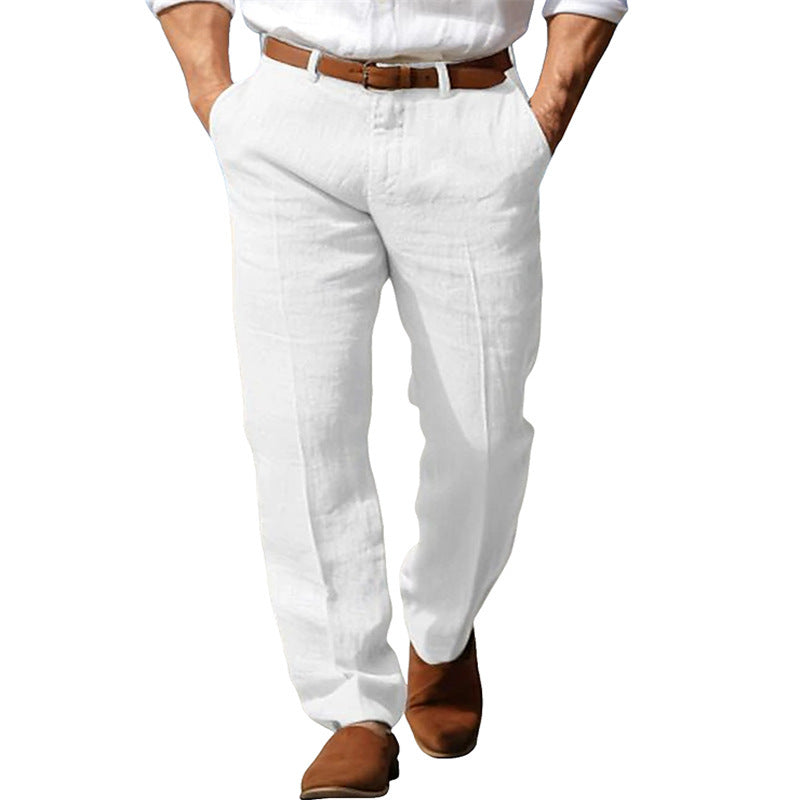 Men's linen straight trousers, white with button fly and belt loops