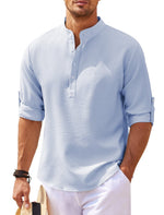 Men's textured stand-collar shirt, light blue, short sleeves, button placket