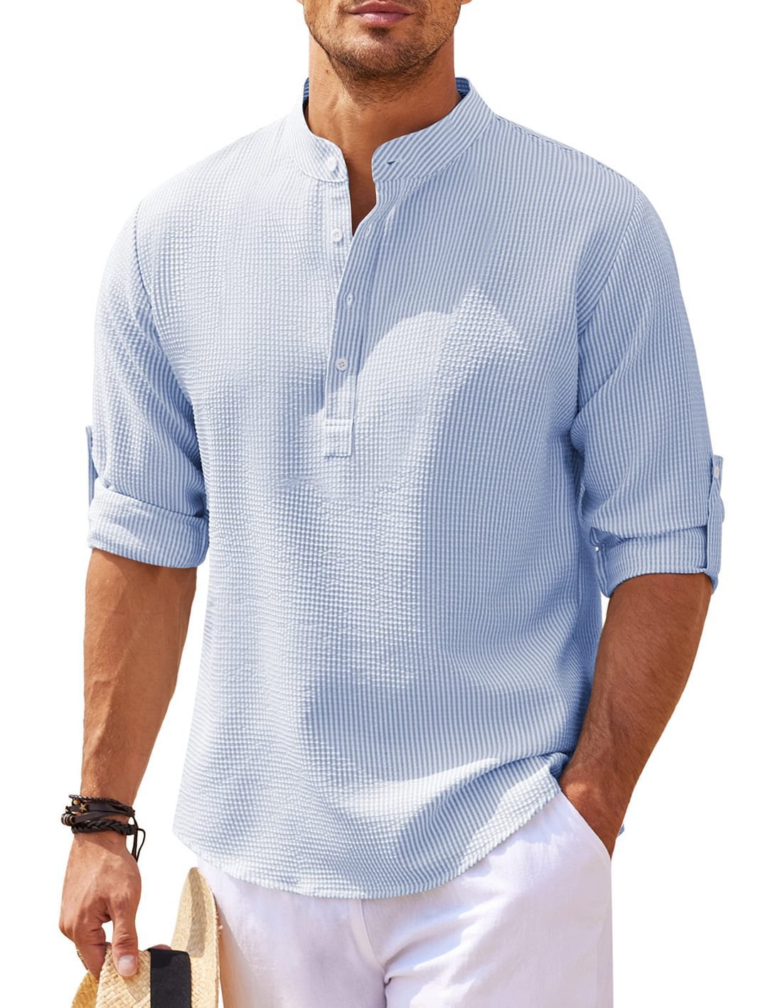 Men's textured stand-collar shirt, light blue, short sleeves, button placket