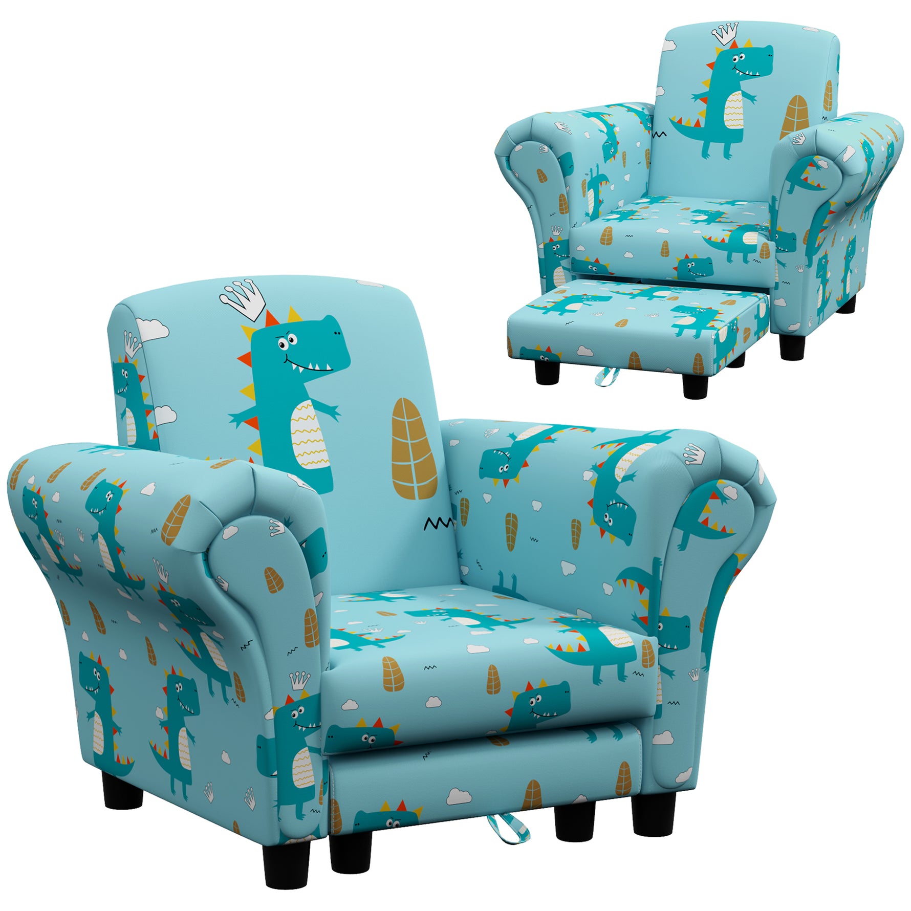 2 Piece Kids Sofa Set With Dinosaur Design, Wooden Frame, For 1.5-3 Years Old, Blue