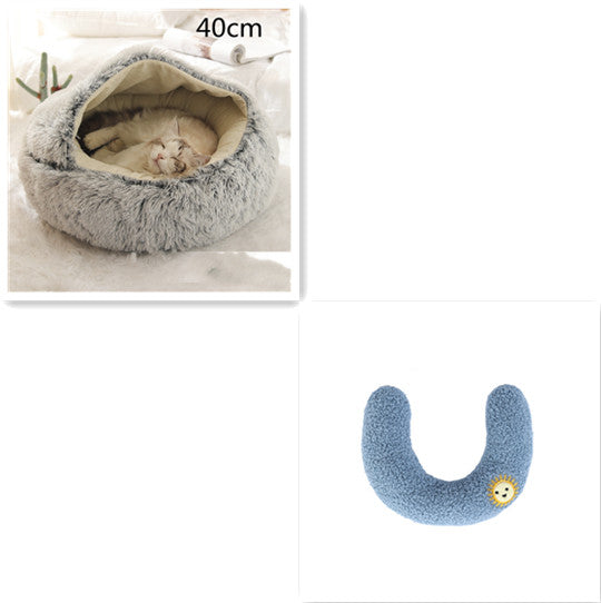 40cm gray round plush pet bed nest with blue U-shaped bolster cushion