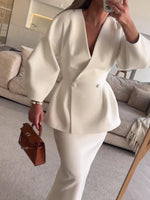 White V-neck blazer coat with puff sleeves, peplum hem, double buttons, maxi skirt