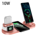 Wireless charging dock station with pink base, phone stand, smartwatch, and earbuds