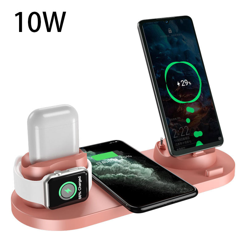Wireless charging dock station with pink base, phone stand, smartwatch, and earbuds