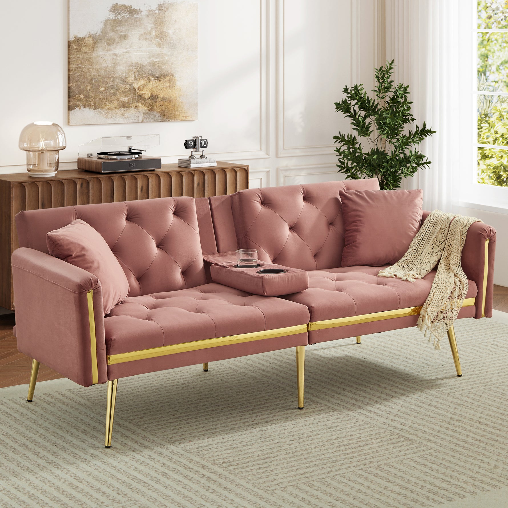 Two-seater Sofa Bed With Adjustable Backrest, Gold Accents And Built-in Cup Holders - Convertible Into A Comfortable And Space-saving Two-seater Sofa For Both The Living Room And Bedroom